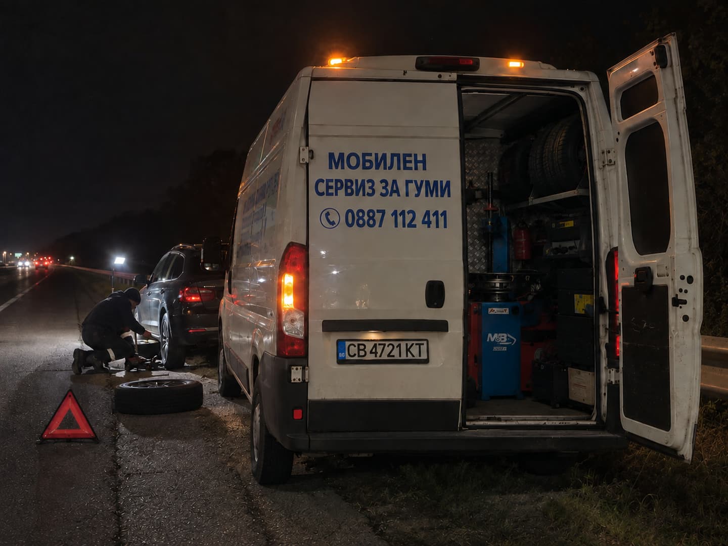 Отворените врати на буса през нощта, с компресора и инструментите вътре.